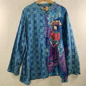 Vintage Womens Geisha Tunic Top Sz 2X Boho Artsy Asian Ethnic Beaded Sequin Frog